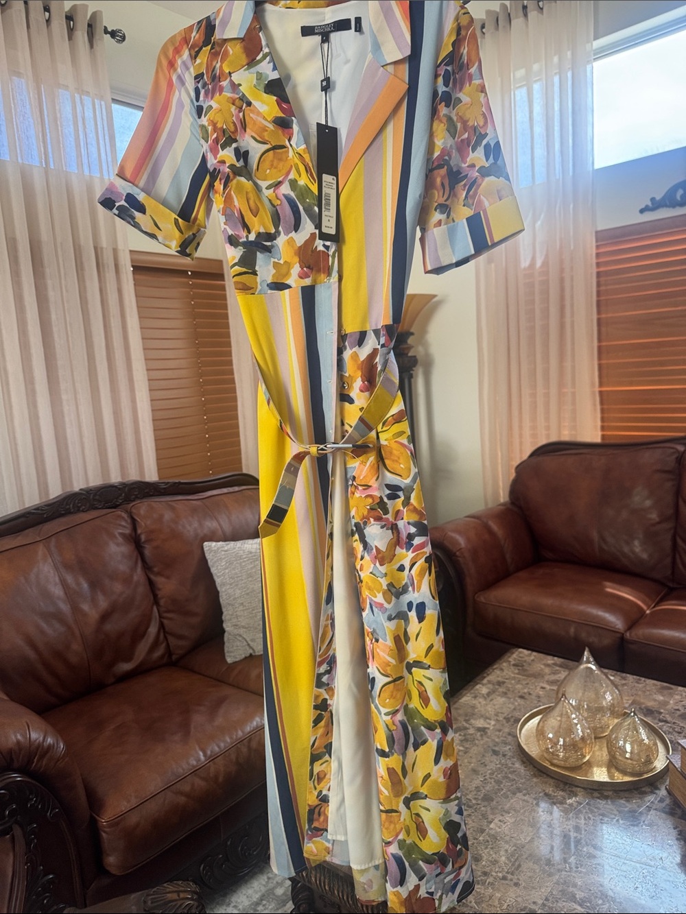 Eloquii Yellow Multicolor Floral & Stripe Maxi Wrap Dress